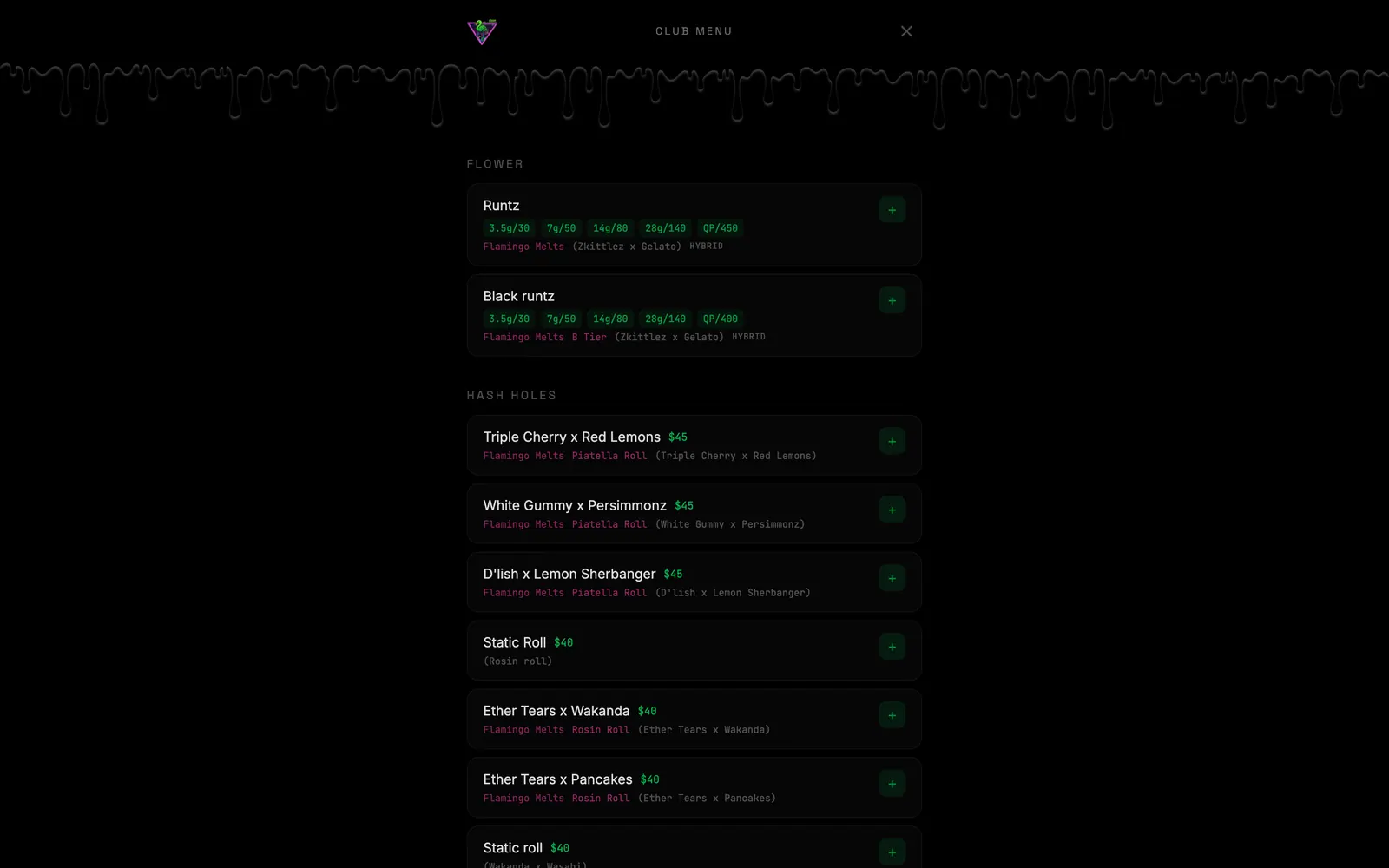 green flamingo club menu on desktop