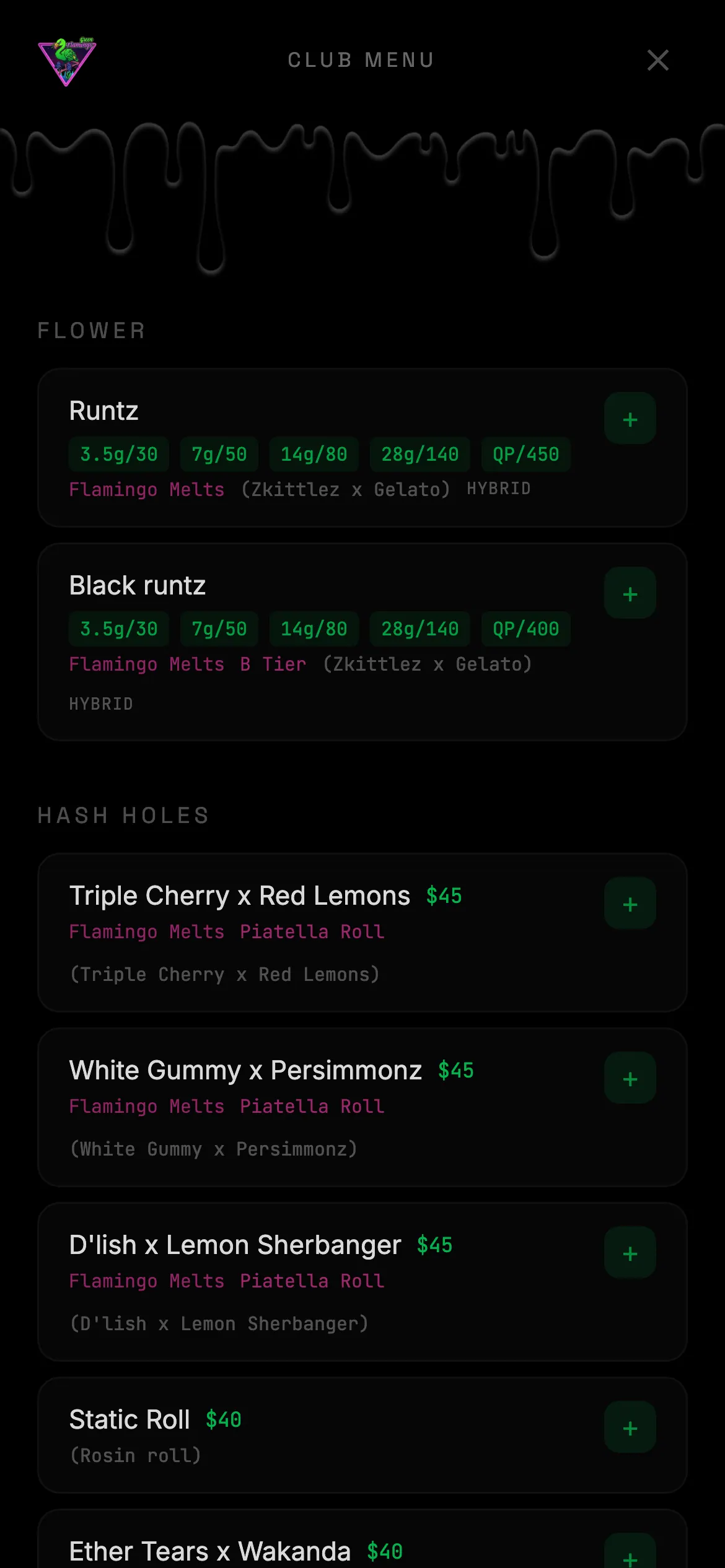 green flamingo club menu on iPhone, password gated